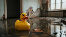 Water, House Or Rubber Duck In Hurricane Flood, Chaos Or Natural Disaster, Damage Or Destruction. Splash, Insurance And Home Crisis With Plumbing Mistake, Leak Or Emergency, Evacuation Or Relocation