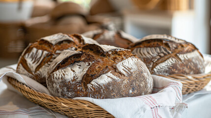 Loaves of crusty Farmer's bread in a basket.