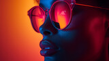 Fototapeta  - Side profile  African American female - orange background - side profile - sunglasses - vintage neon style 
