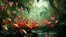 Wild Avian Haven: Majestic Flamingos In A Dense Forest With A Serene River. Seamless Looping Time-lapse Virtual 4k Video Animation Background