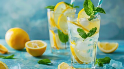 Poster - Refreshing lemonade with fresh mint and lemon slices in a glass Perfect summer beverage