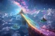 Enchanting Rainbow Bridge Leading to a Realm of Floating Castles and Islands in the Starry Cosmic Dreamscape