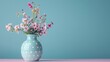 Bouquet of fresh spring flowers in vase on soft blue background
