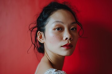 Wall Mural - Portrait of a beautiful young asian woman on a red background