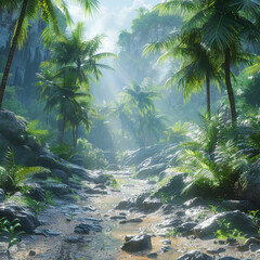 Poster - A lush jungle with a path through it