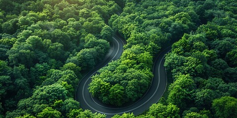 Wall Mural - Birds-eye view of green forest below, separated by winding asphalt road. Luxurious aesthetic background. Generative AI