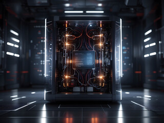 Poster - Quantum computer, computer interior. dark, photorealistic wallpaper design. 