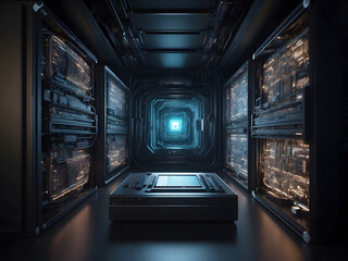 Poster - Quantum computer, computer interior. dark, photorealistic wallpaper design. 