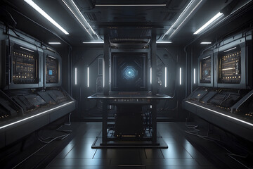 Poster - Quantum computer, computer interior. dark, photorealistic wallpaper design. 