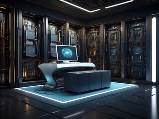 Poster - Quantum computer, computer interior. dark, photorealistic wallpaper design. 