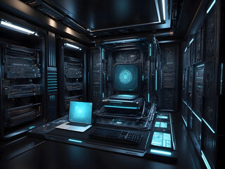 Poster - Quantum computer, computer interior. dark, photorealistic wallpaper design. 
