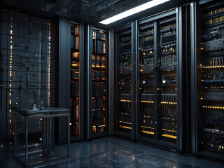 Poster - Quantum computer, computer interior. dark, photorealistic wallpaper design. 
