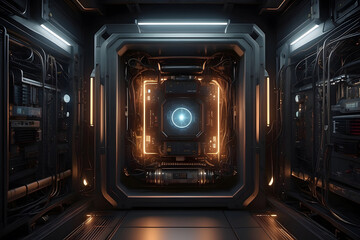 Poster - Quantum computer, computer interior. dark, photorealistic wallpaper design. 