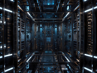 Poster - Quantum computer, computer interior. dark, photorealistic wallpaper design. 