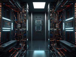 Poster - Quantum computer, computer interior. dark, photorealistic wallpaper design. 