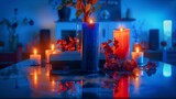 Fototapeta  - Gothic night vigil, candles and poetry, dark beauty in mourning