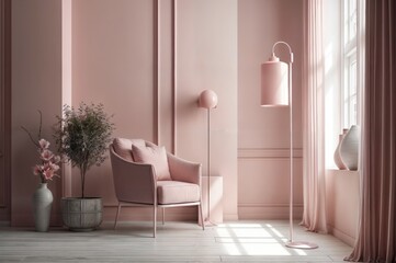Poster - Pink living room interior with pink armchair and lamp.