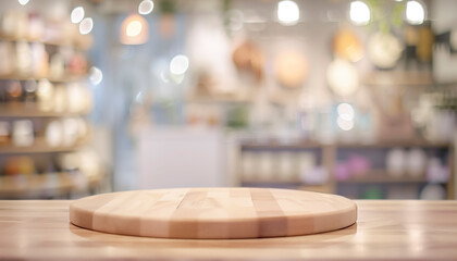 Wall Mural - A wooden cutting board sits on a counter in a store. The board is empty and the store is filled with various items