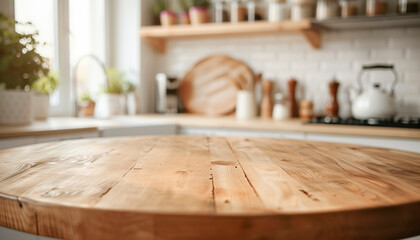 Wall Mural - brown wooden round table top blurred defocused modern kitchen interior background,Beautiful empty, with daylight flare,sink, shelf, product montage display,banner