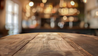 A wooden table with a blurry background. The table is round and has a wooden top. The background is blurry, giving the image a sense of depth and atmosphere