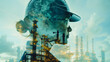 © phairot - A woman wearing a hard hat and safety glasses is looking at a large industrial plant. This picture is a silhouette of a woman. with the face of that woman