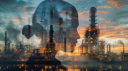 Poster - Woman looking at a large industrial factory This picture is a silhouette of a woman. with the face of that woman