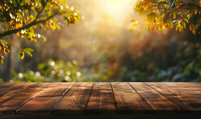 Wall Mural - A wooden table with a view of trees and a bright sun