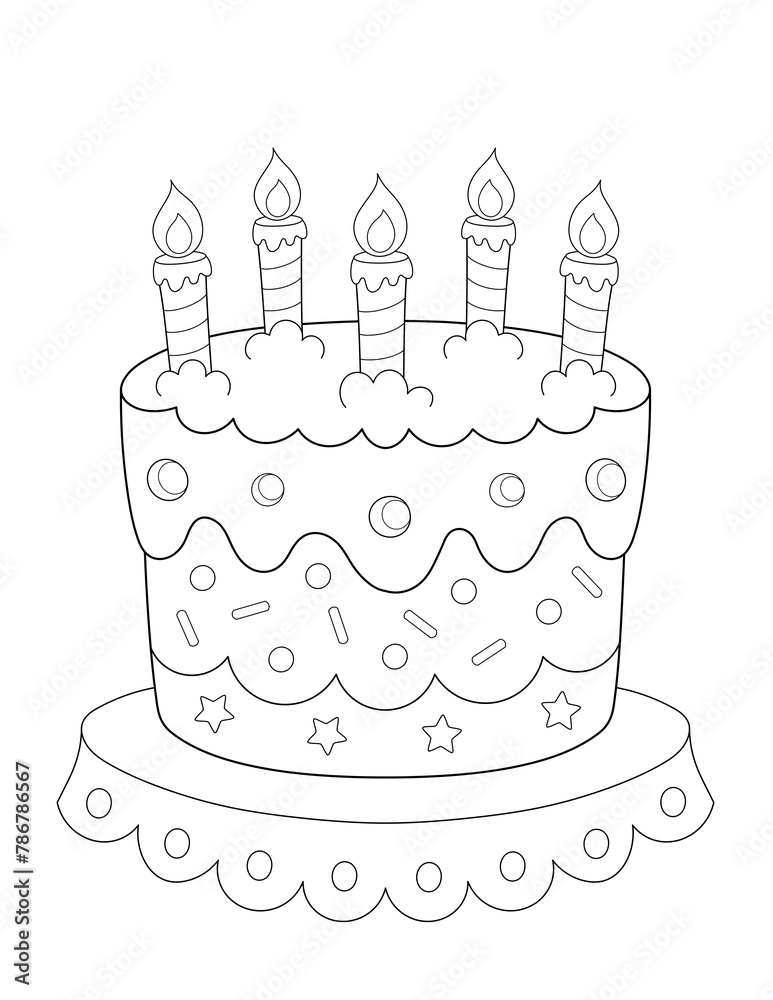 birthday cake with five candles coloring page for kids or adults. you can print it on standard 8 ...