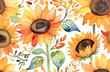 pattern with watercolor sunflowers, autumn greeting card, invitation