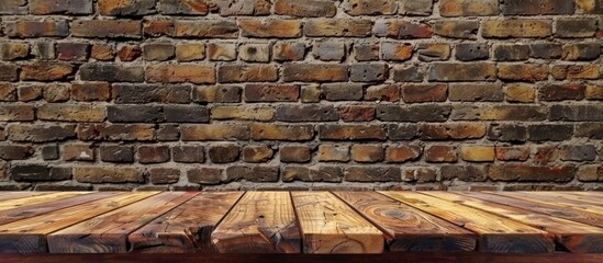 Wooden table placed against a rustic brick wall in the background, creating a warm and inviting setting