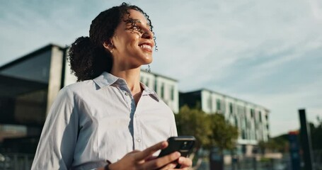 Poster - City, smile and businesswoman with smartphone in nature for networking, update or email of job offer. Happy, attorney and typing on technology for notification, online news and career in New York