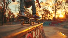 A Man Is Skateboarding On A Ramp With Graffiti On The Wall. The Sun Is Setting In The Background, Creating A Warm And Inviting Atmosphere