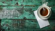 Piece of note paper beside a steaming cup of coffee, set against a green wooden backdrop