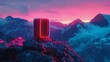 Neon-lit futuristic portable speaker on a coastal rock, glowing as twilight merges with neon nights