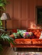 Elegant Vintage Living Room Interior with Terracotta Sofa and Tropical Pillows