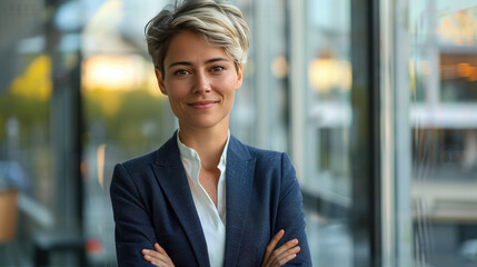 Wall Mural - Portrait of beautiful young businesswoman in formal casual blue suit smiling with folded hands in front of blurred office building