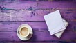 Cozy scene with coffee and note paper on a rich purple wooden background