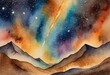 galactic wallpaper with a pattern of meteors in different shades of meteoric brown, overlaid with a surreal multicolored painting of a meteor shower