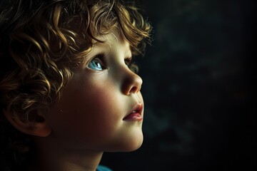 Wall Mural - Portrait of a little boy in a blue shirt on a dark background