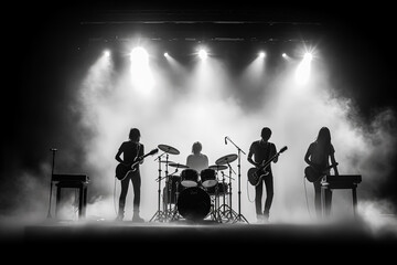 Wall Mural - A band of five musicians are silhouetted against a backdrop of smoke and light.