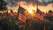 Sunset over American Flags in Field, Generative AI