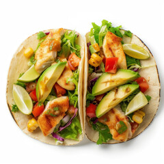Canvas Print -  Freshly Made Tacos with Grilled Chicken, Avocado, and Lively Vegetables on White
