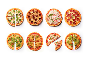 Wall Mural - Variety of Gourmet Pizzas with Different Toppings and Sliced Portions on White