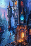 Fototapeta Fototapeta uliczki - A digital painting of a clock tower in a fantasy city. The tower is made of gray stone and has a large blue clock on its face. The city is made up of tall buildings with narrow streets and is lit by a