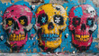 multiple awesome design worn colorful angry monster Skulls and bone stickers on top of each other, Street art style, comic,generative ai