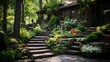 Luxury landscaped backyard garden with shed retaining wall and huge natural stone steps 