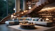 Luxury Modern House Interior With Corner Sofa Bookshelf And Staircase 