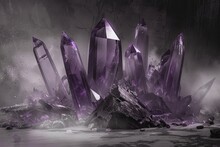 A Group Of Purple Crystals Sitting On Top Of A Pile Of Rocks