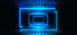 Sci Fi Neon Frame Rectangle Laser Blue Glowing Textured Floor Reflective Concrete Metallic Cyber Synth Cyberpunk Virtual Reality Tunnel Corridor Garage Warehouse Dark NIght Background 3D Rendering