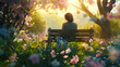 Woman in peaceful contemplation on a park bench, enveloped by spring blossoms at sunset. A serene spring evening captured with a woman enjoying sunset amid wildflowers. Image made using Generative AI